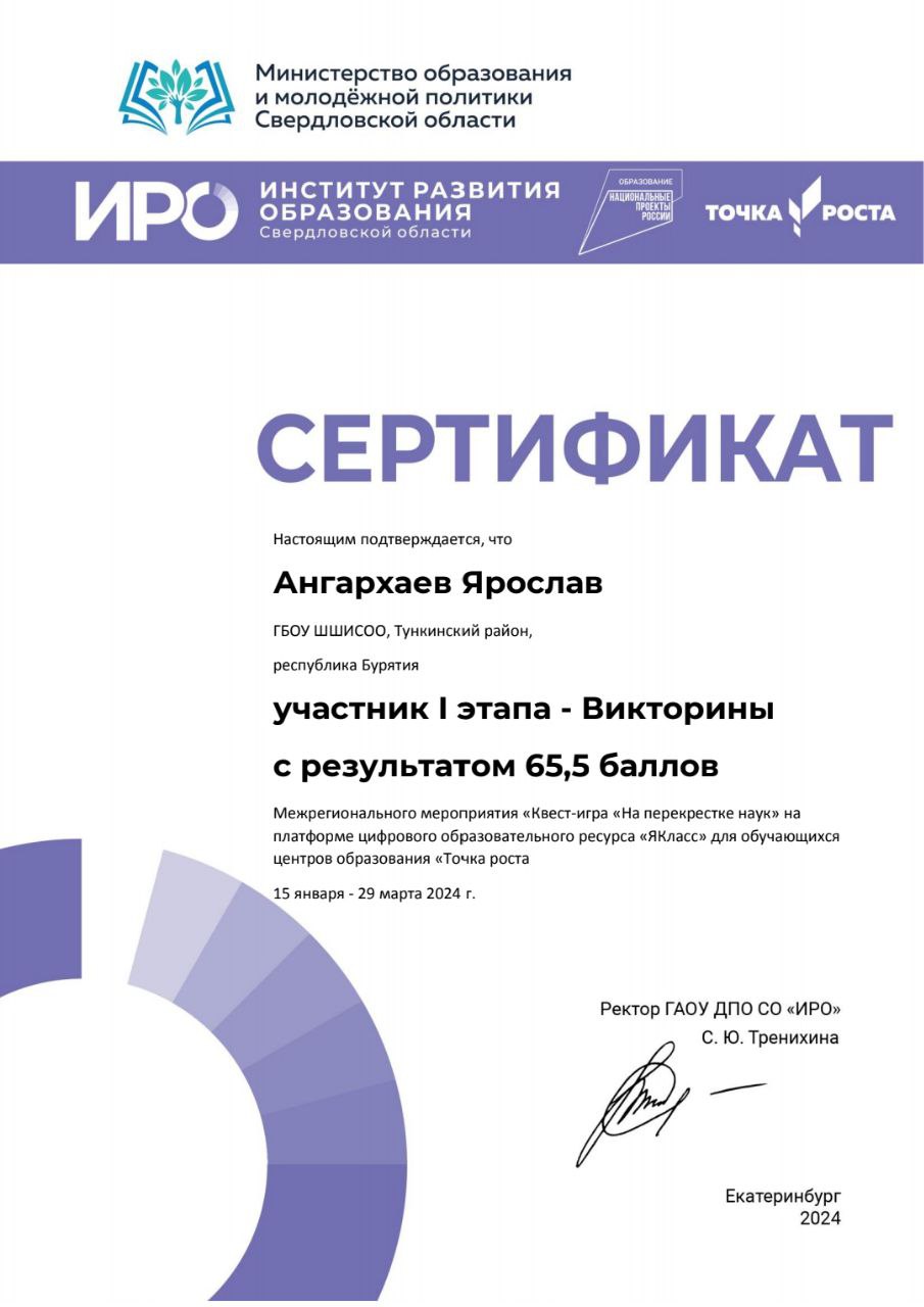 Сертификат участника I этапа Викторины